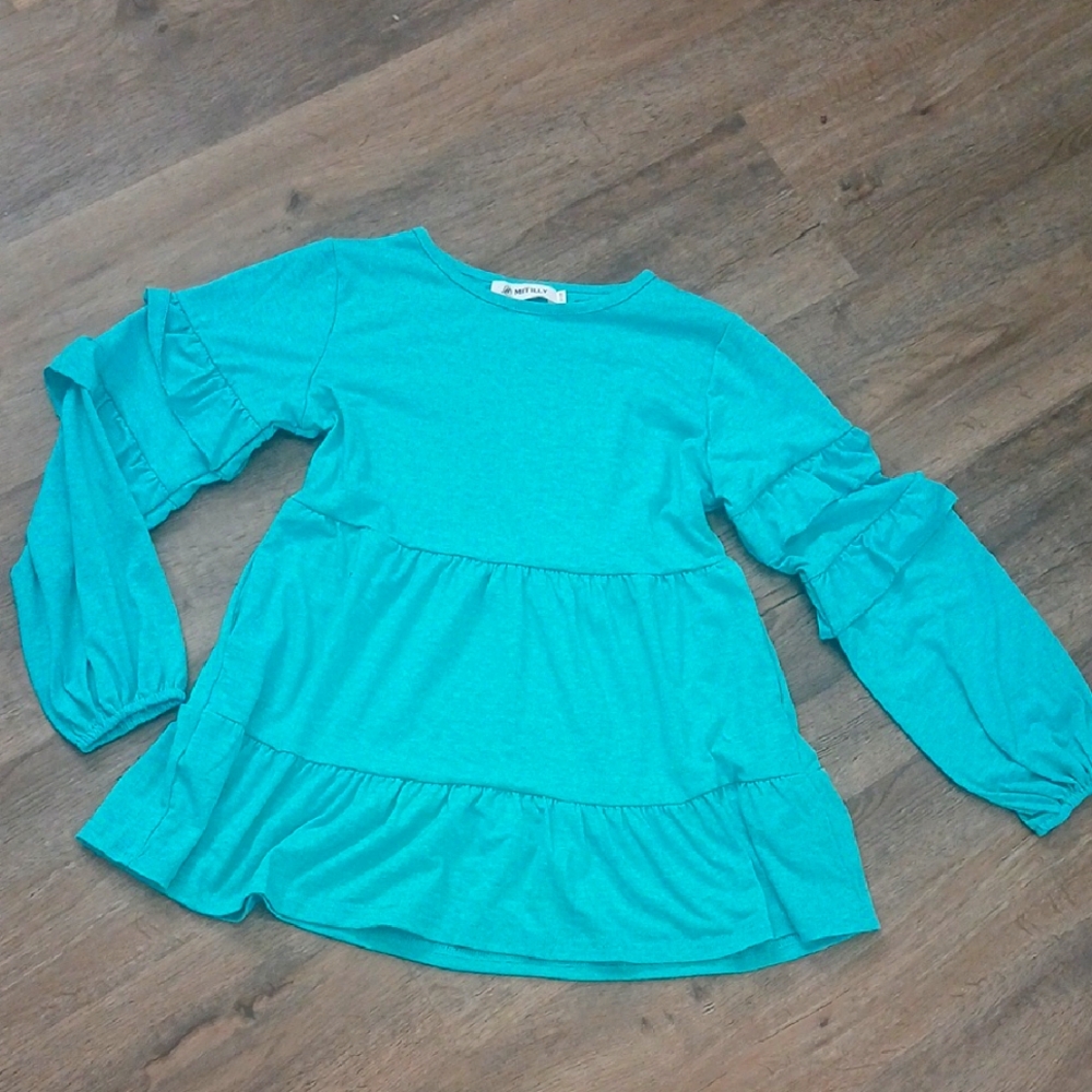 Aqua Ruffle Long Sleeve Kids Tee